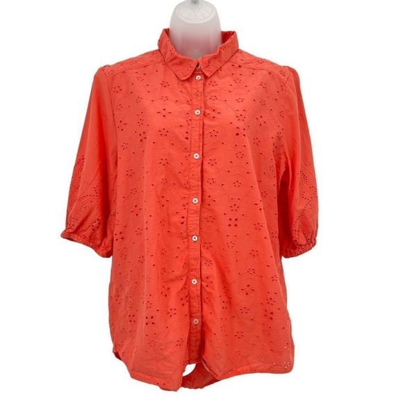 Sundance Corsica Eyelet Top Women's Large Orange Coral Button Up Elbow Sleeve - Picture 4 of 9